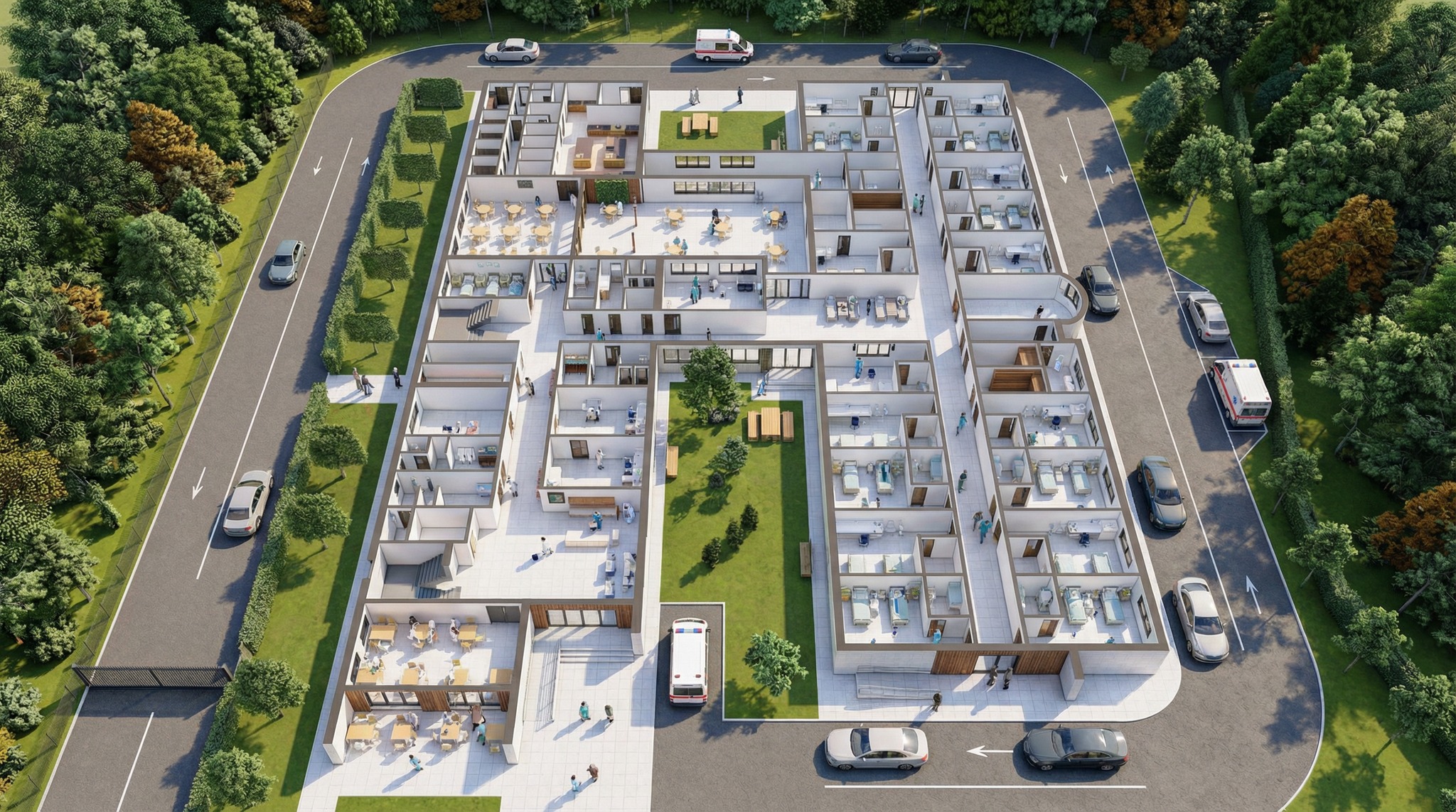 Machetă 3D — vedere aeriană cu toate compartimentele